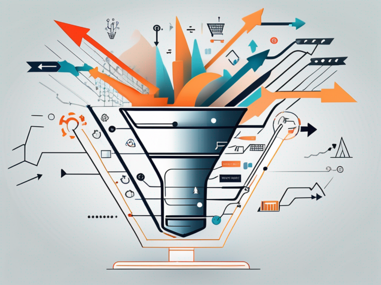 An abstract funnel with various digital elements like arrows