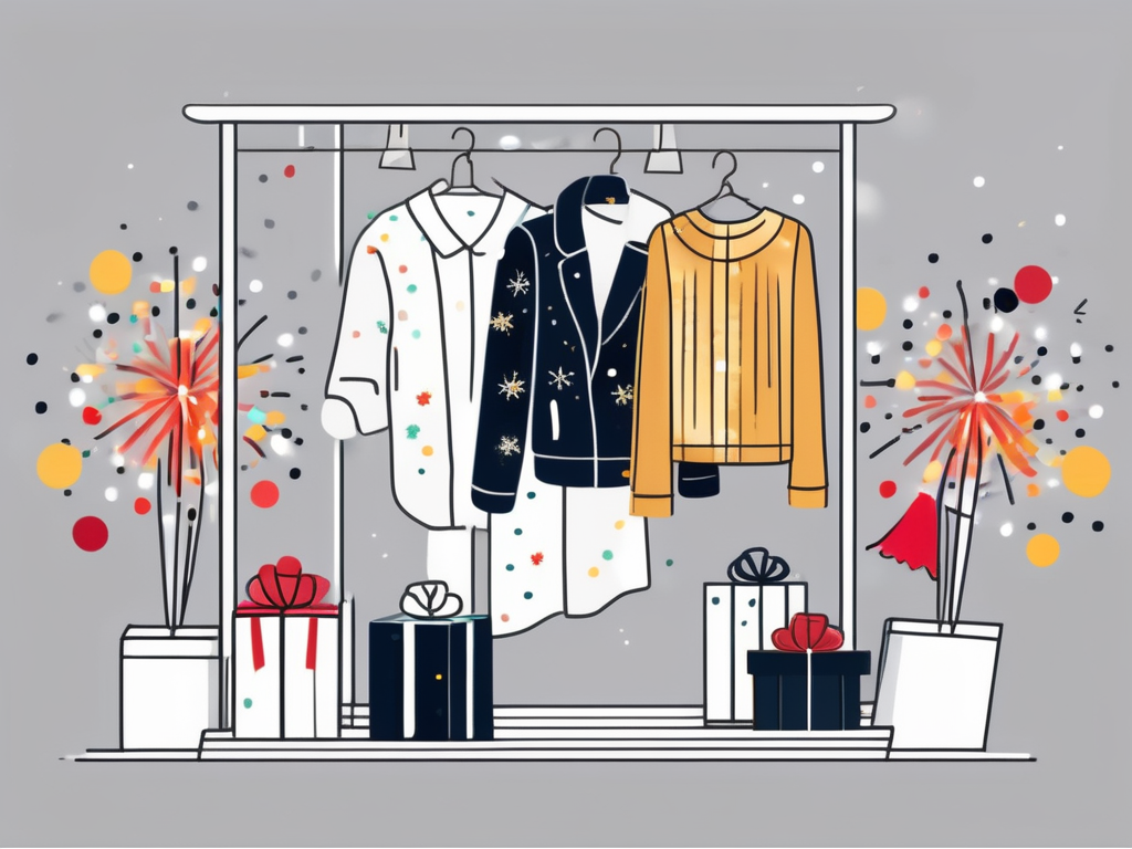 Draw an illustration of a festive clothing display featuring vibrant winter apparel