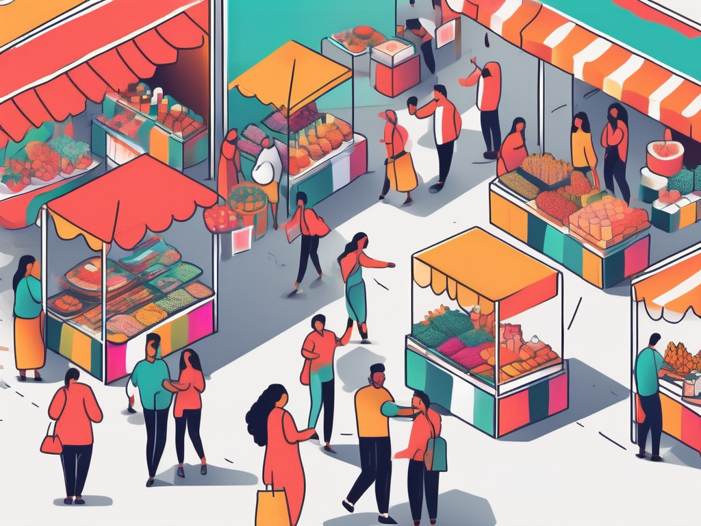 A vibrant marketplace scene filled with diverse products and engaging activities