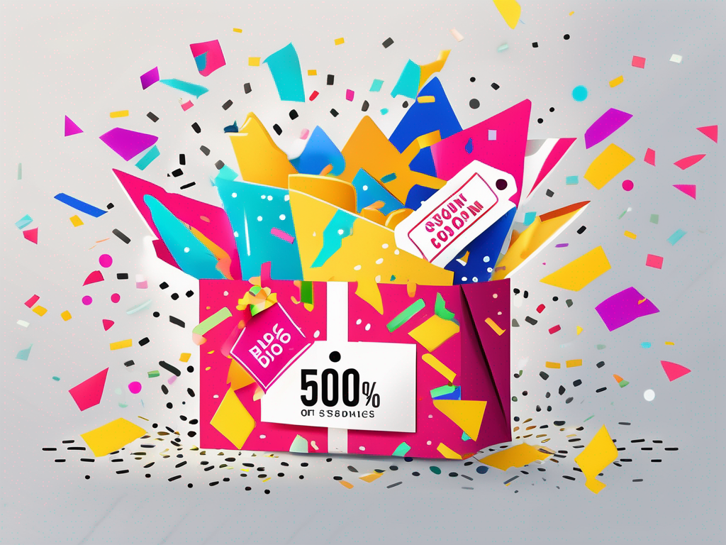 An envelope bursting with colorful discount coupons and promotional graphics